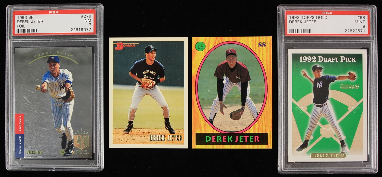 1992-93 Derek Jeter New York Yankees Rookie Baseball Trading Card Collection - Lot of 4 w/ 1993 Topps Gold (PSA Mint 9), 1993 SP Foil (PSA NM 7) & More
