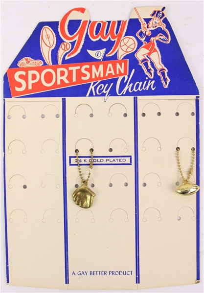 1960s Gay Sportsman 24K Gold Plated Key Chain Display Board w/ 2 Key Chains