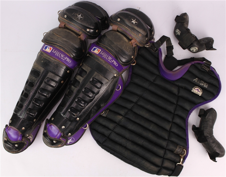 1990s Colorado Rockies Game Worn Catchers Equipment - Lot of 3 w/ Chest Protector & Shin Guards (MEARS LOA/Mets Employee LOA)