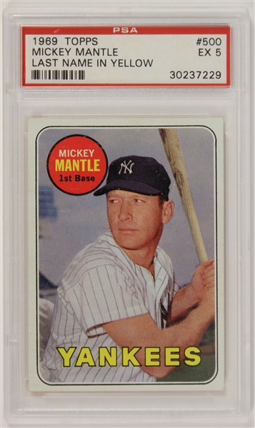 1969 Mickey Mantle New York Yankees Topps #500 Baseball Trading Card (PSA EX 5) Last Name in Yellow