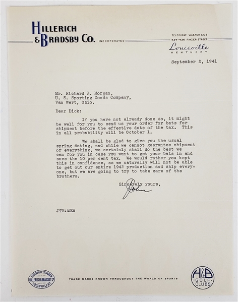 1941 Hillerich & Bradsby Co. Louisville Slugger Bats Shipment Letter 