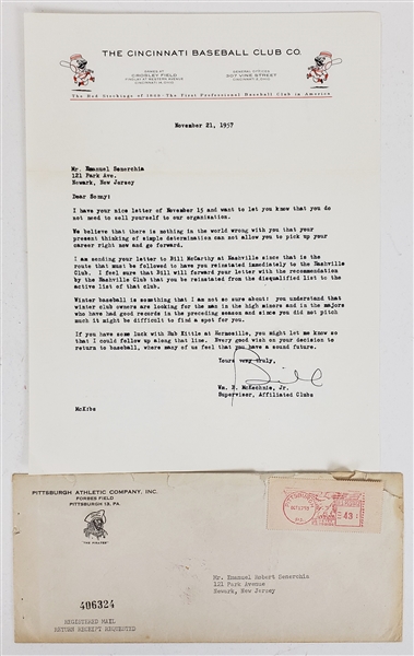 1957 Emanuel Senerchia Pittsburgh Pirates Cincinnati Baseball Club Co. Official Letter w/ Envelope