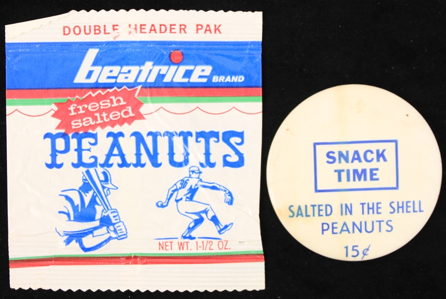 1960s-70s Snack Time Salted In The Shell Peanuts 3.5" Vendor Pinback Button & Beatrice Peanuts Bag