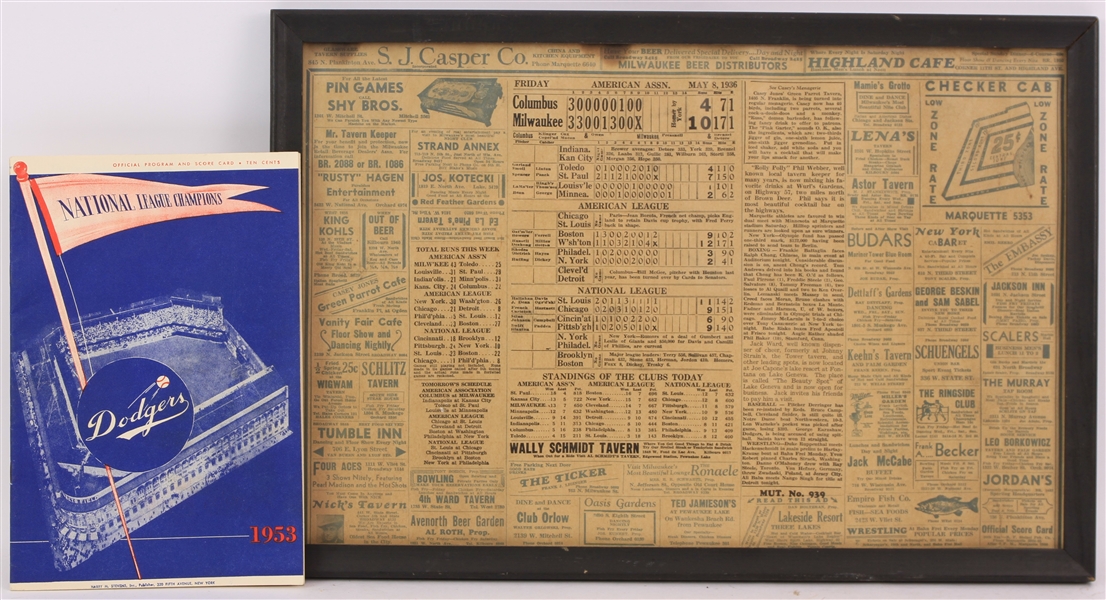 1936-53 Milwaukee Brewers 13" x 19" Framed Placemat & Brooklyn Dodgers vs New York Giants Ebbets Field Program - Lot of 2