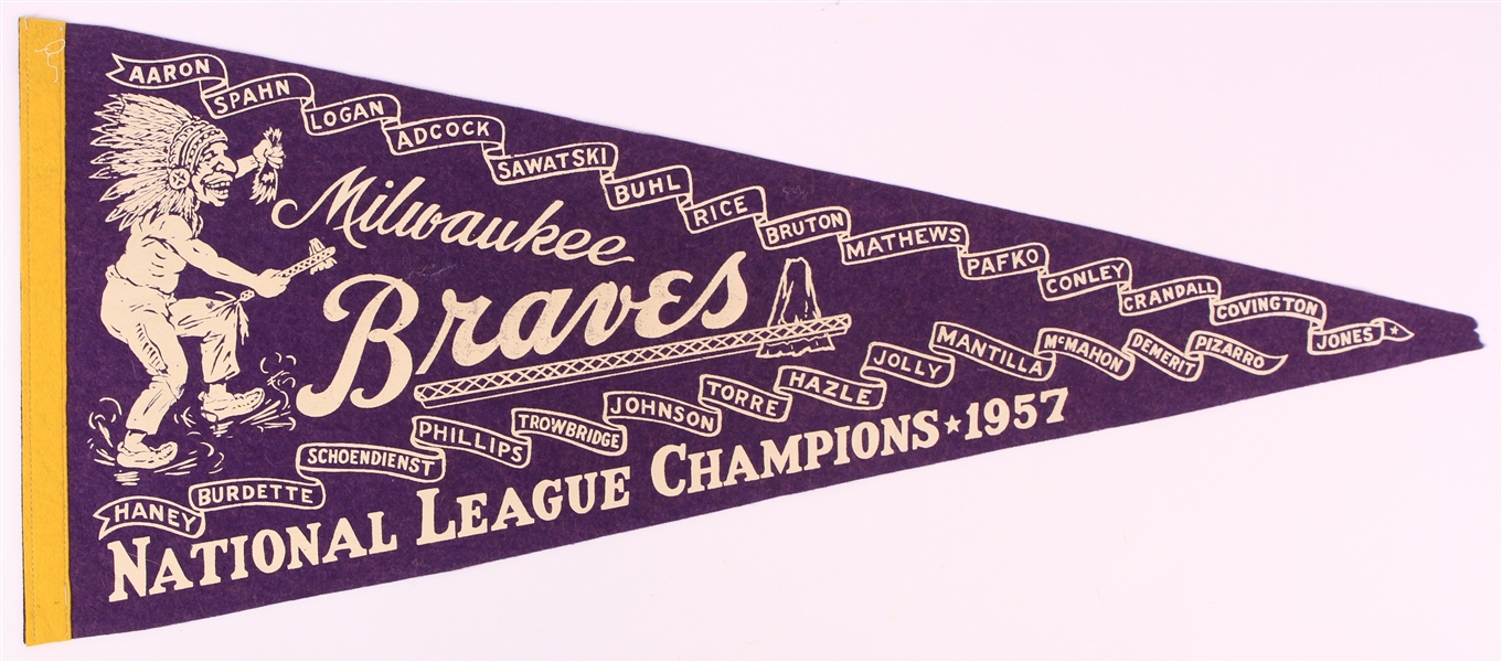 1957 Milwaukee Braves National League Champions 27" Full Size Player Name Pennant