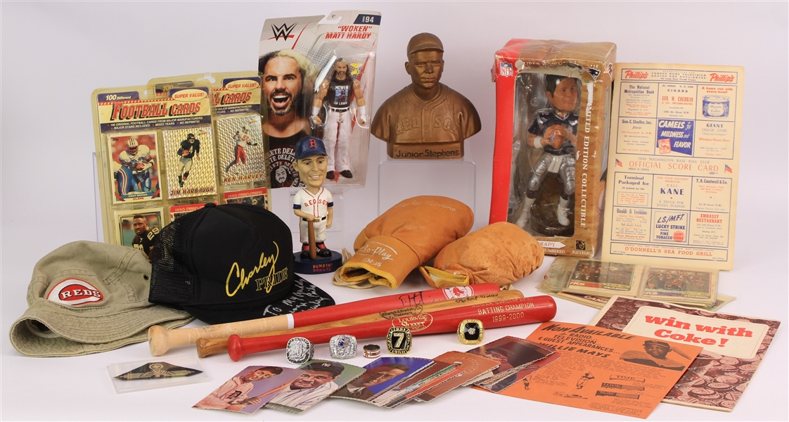 1940s-2000s Baseball Football Boxing Hockey Memorabilia Collection - Lot of 23 w/ Replica Rings, Trading Cards, Publications, Charley Pride Signed Hat & More (JSA)