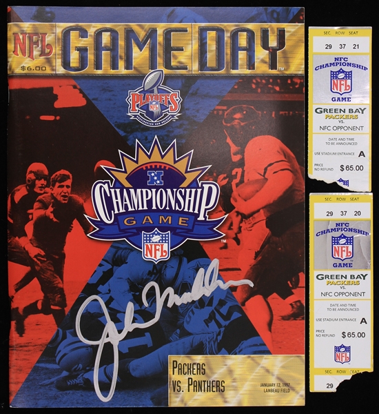 1997 Green Bay Packers Carolina Panthers Lambeau Field NFC Championship Game Program Signed by John Madden + (2) Ticket Stubs (JSA)