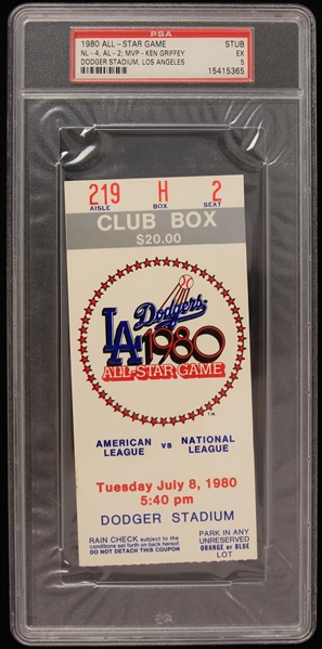 1980 MLB All Star Game Dodger Stadium Ticket Stub (PSA EX 5)