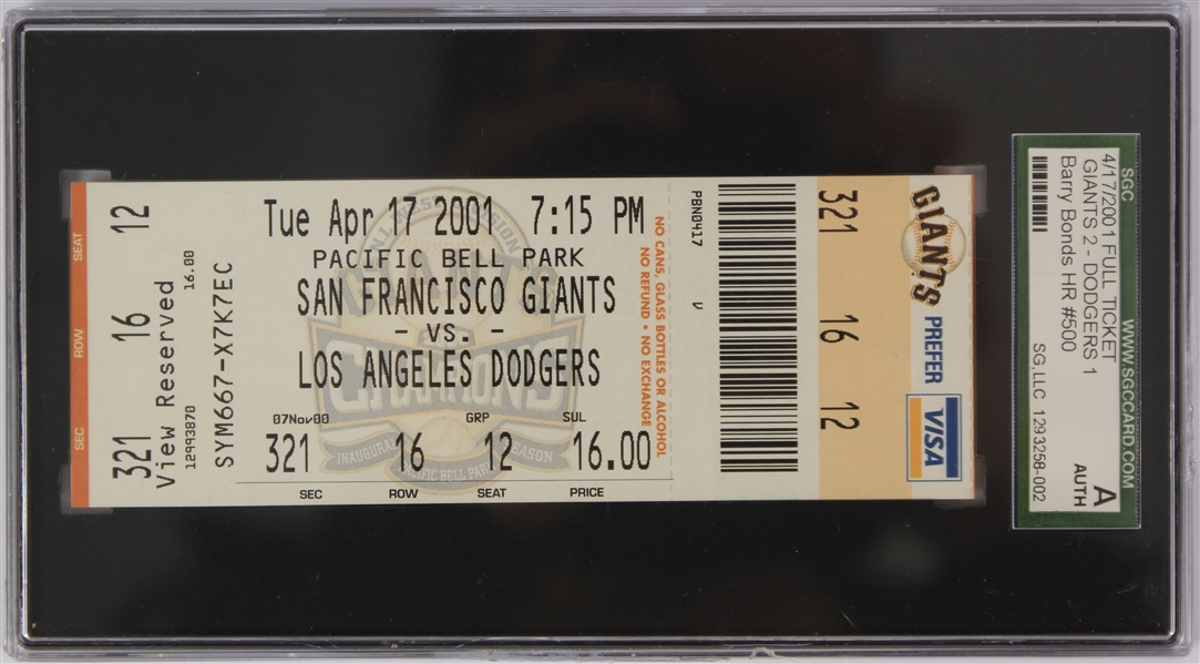 2001 Barry Bonds San Francisco Giants Career Home Run #500 Full Game Ticket (SGC Authentic)