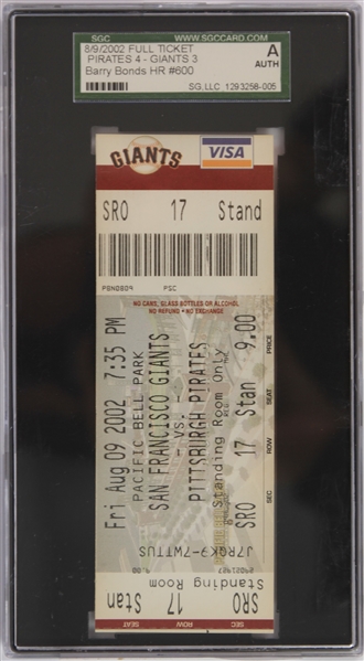 2002 Barry Bonds San Francisco Giants Career Home Run #600 Full Game Ticket (SGC Authentic)