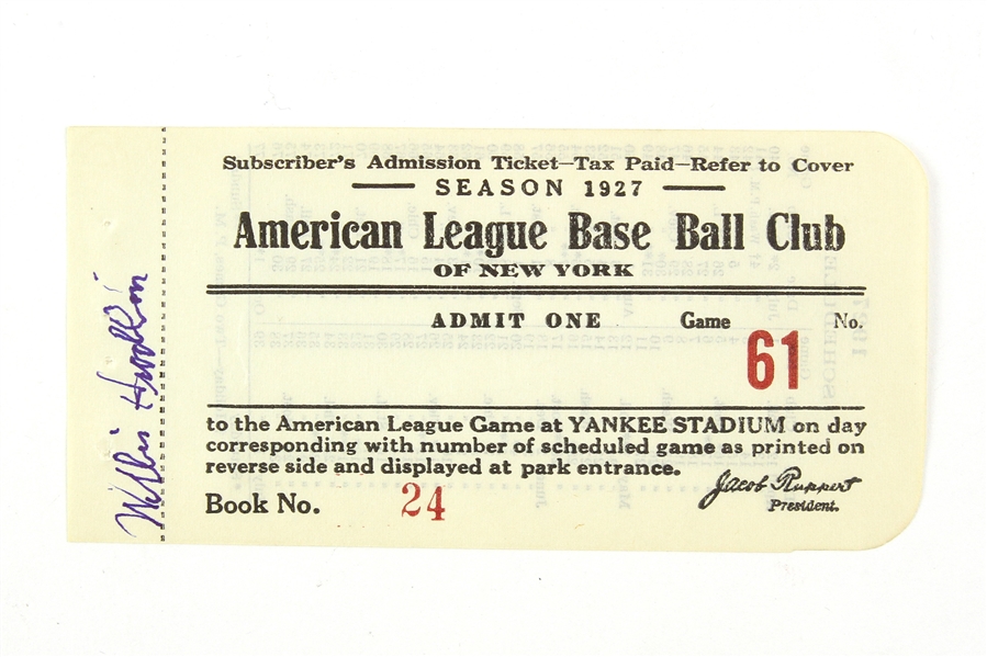 1927 Willis Hudlin Cleveland Indians Signed New York Yankees Yankee Stadium Season Ticket (JSA)