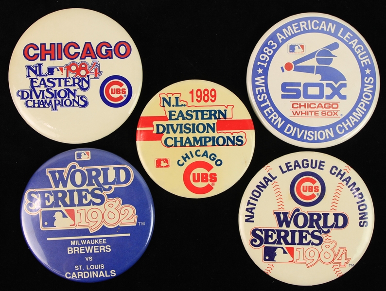 1982-89 World Series & Division Champs Pinback Buttons - Lot of 5 w/ Chicago Cubs, Chicago White Sox & Milwaukee Brewers