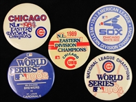 1982-89 World Series & Division Champs Pinback Buttons - Lot of 5 w/ Chicago Cubs, Chicago White Sox & Milwaukee Brewers