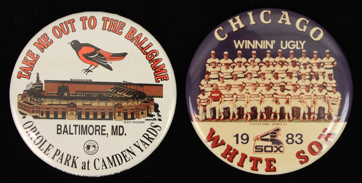 1983-92 Chicago White Sox Winnin Ugly & Baltimore Orioles Take Me Out To The Ballgame Oriole Park At Camden Yard 3.5" Pinback Buttons - Lot of 2