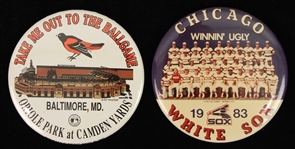 1983-92 Chicago White Sox Winnin Ugly & Baltimore Orioles Take Me Out To The Ballgame Oriole Park At Camden Yard 3.5" Pinback Buttons - Lot of 2