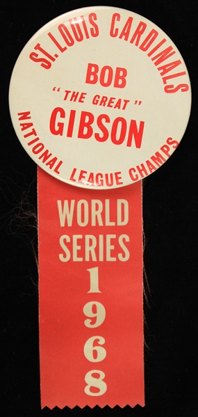1968 Bob "The Great" Gibson St. Louis Cardinals 3.5" World Series Pinback Button w/ Ribbon