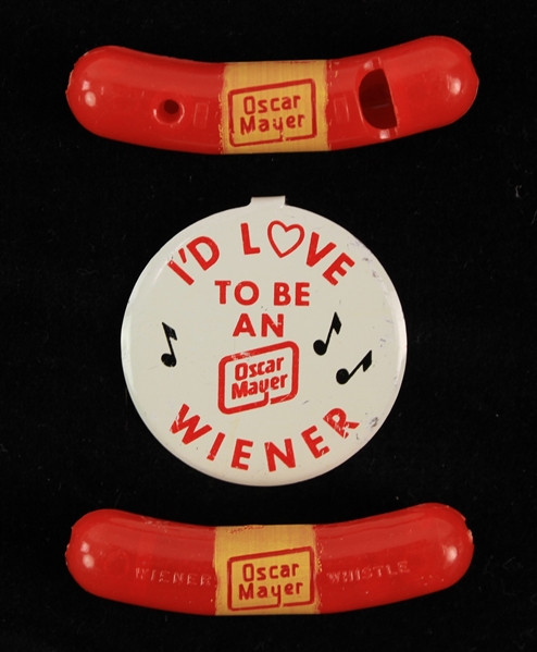 1960s Oscar Mayer Wiener Whistles & Id Love To Be An Oscar Meyer Wiener 1.5" Pin - Lot of 3