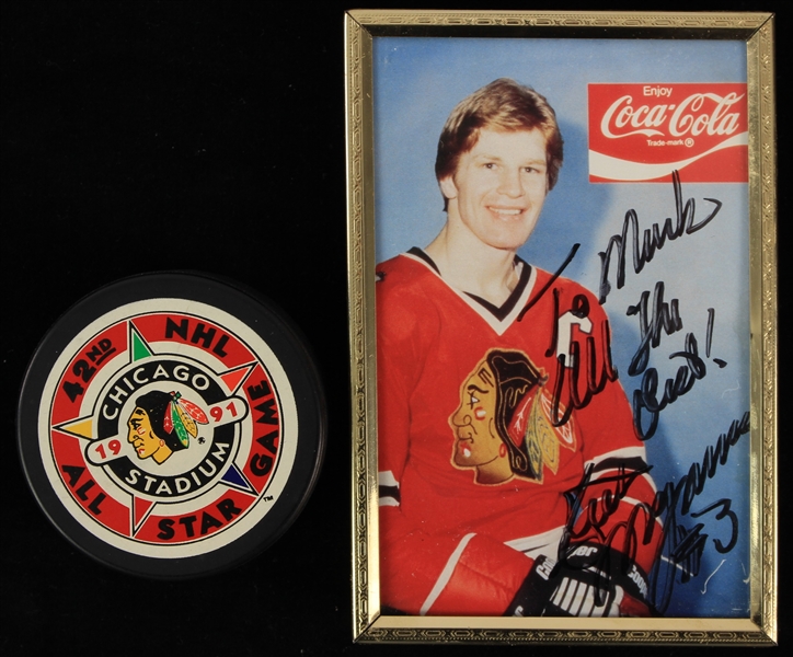 1970s-90s Chicago Blackhawks Memorabilia - Lot of 2 w/ 1991 All Star Game Puck & Keith Magnuson Signed Photo (JSA)