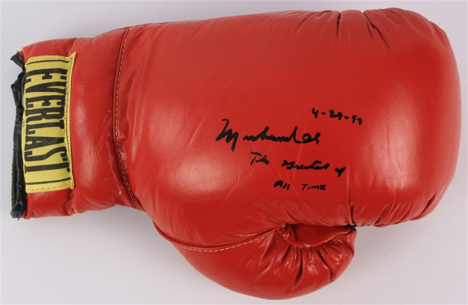 1993 STONE MINT Muhammad Ali World Heavyweight Champion Signed & Inscribed "The Greatest of All Time" Everlast Boxing Glove (JSA)