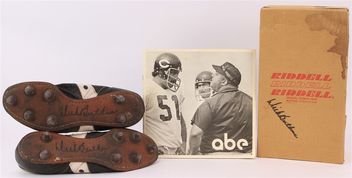 1960s-70s Dick Butkus Chicago Bears Signed Spot Bilt Cleats & Riddell Shoe Box w/ We Love Ya, Abe Gibron Day Program (Gifted  by Bill George)
