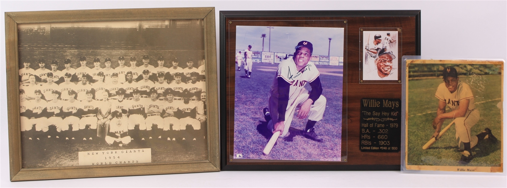 1950s-90s Willie Mays New York Giants Memorabilia Collection - Lot of 3 w/ Framed Photo, Signed Photo Display & More (JSA)