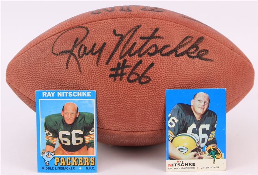 1990s Ray Nitschke Green Bay Packers Signed ONFL Tagliabue Football w/ 1969 & 1971 Topps Trading Cards (JSA)