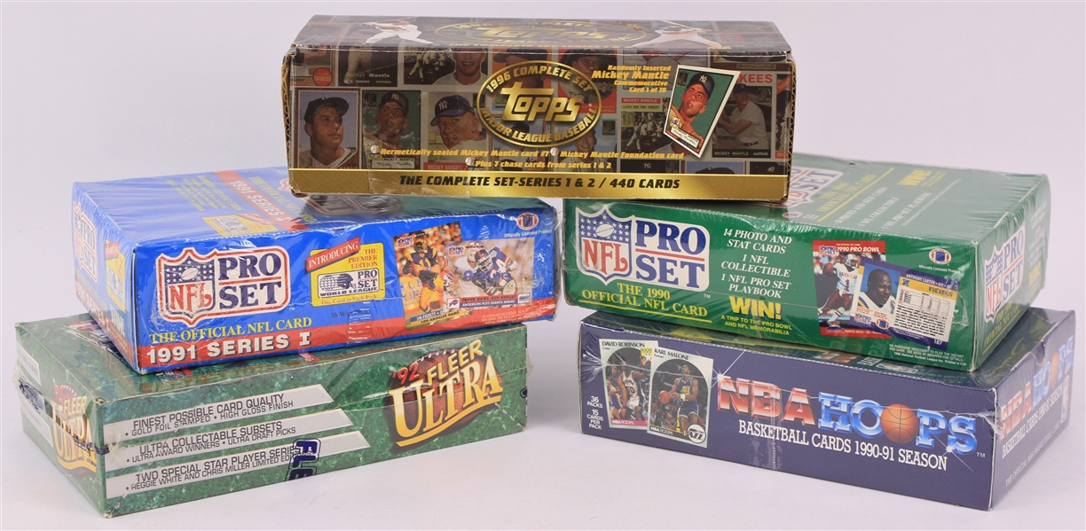 1990-96 Sports Trading Cards Unopened Hobby Boxes - Lot of 5 w/ 1990 Hoops, 1990/91 Pro Set, 1992 Fleer Ultra & More