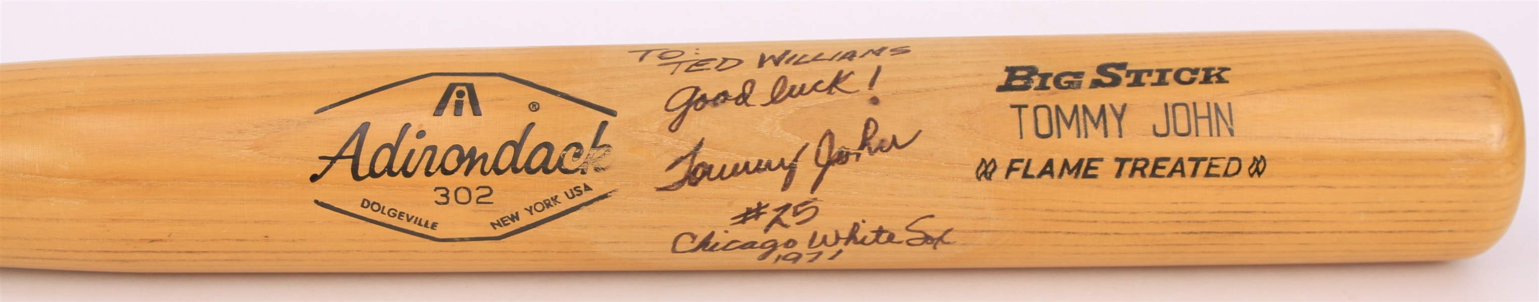 1971 Tommy John Chicago White Sox Adirondack Professional Model Bottle Bat Signed & Inscribed to Ted Williams (MEARS LOA & PSA/DNA)
