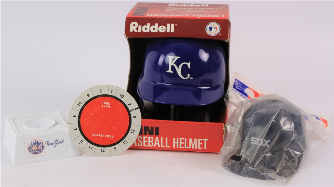 1980s-2000s Baseball Memorabilia Collection - Lot of 4 w/ MIB Kansas City Royals Mini Helmet, Chicago White Sox Helmet Coin Bank & More