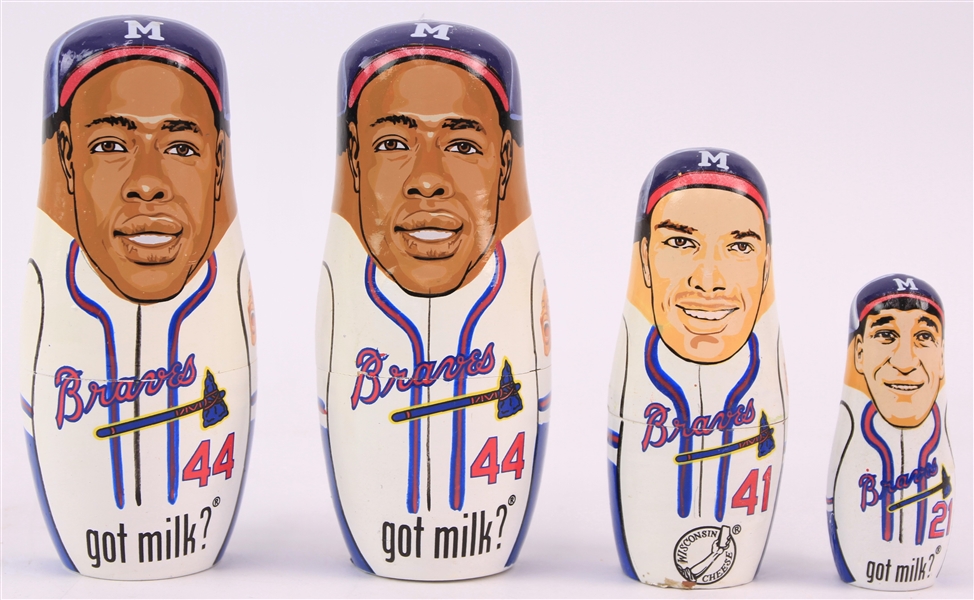 2000s Hank Aaron Eddie Mathews Warren Spahn Milwaukee Braves "Got Milk?" Nesting Dolls - Lot of 2 w/ Original Boxes