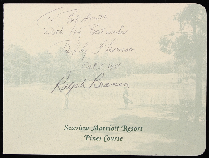 1990s Bobby Thomson Ralph Branca Signed Seaview Marriott Resort Pines Course Scorecard (JSA/Senator Bob Smith Letter)