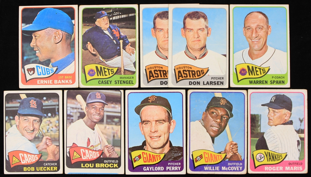 1965 Topps Baseball Trading Cards - Lot of 10 w/ Roger Maris, Casey Stengel, Ernie Banks, Willie McCovey & More