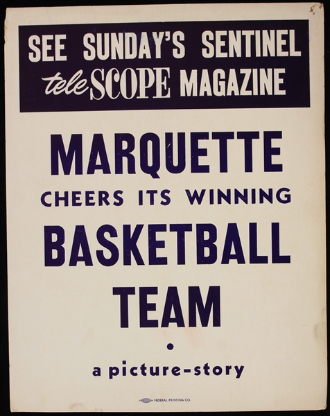 1960s Marquette Cheers Its Winning Basketball Team 11" x 14" Milwaukee Sentinel Broadside