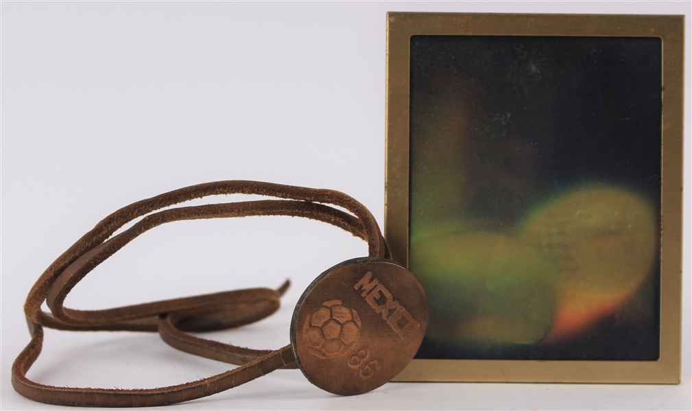 1980s Mexico 86 World Cup Leather Bolo Tie & 4" x 5" Framed Titleist Hologram Photo