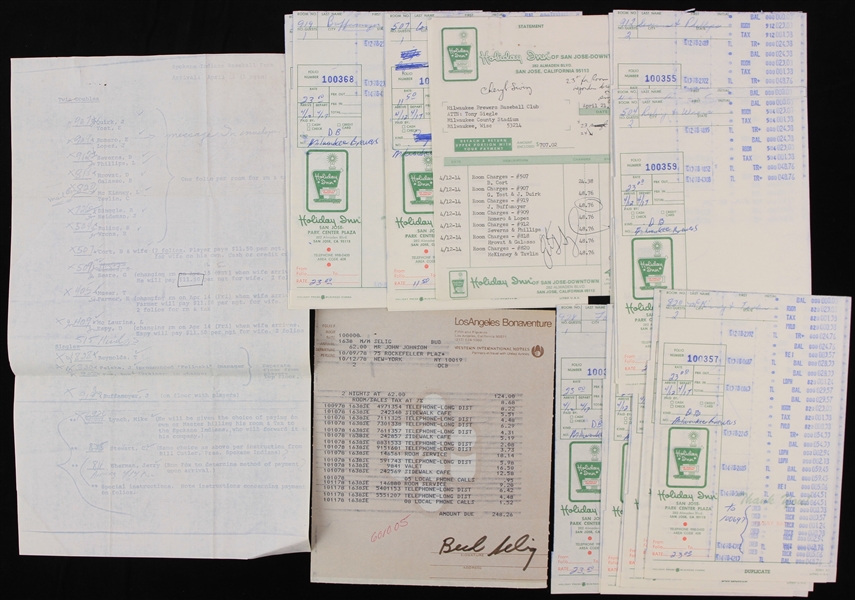 1978 Milwaukee Brewers Hotel Receipts - Lot of 19 w/ 1 Signed by Bud Selig (JSA)