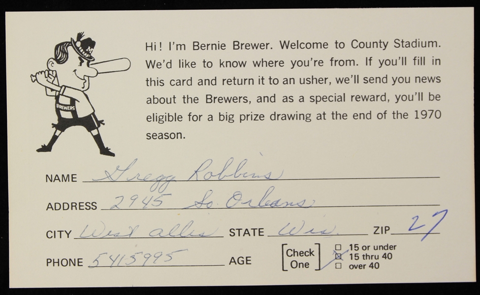 1970 Milwaukee Brewers Inaugural Season Fan Club Card