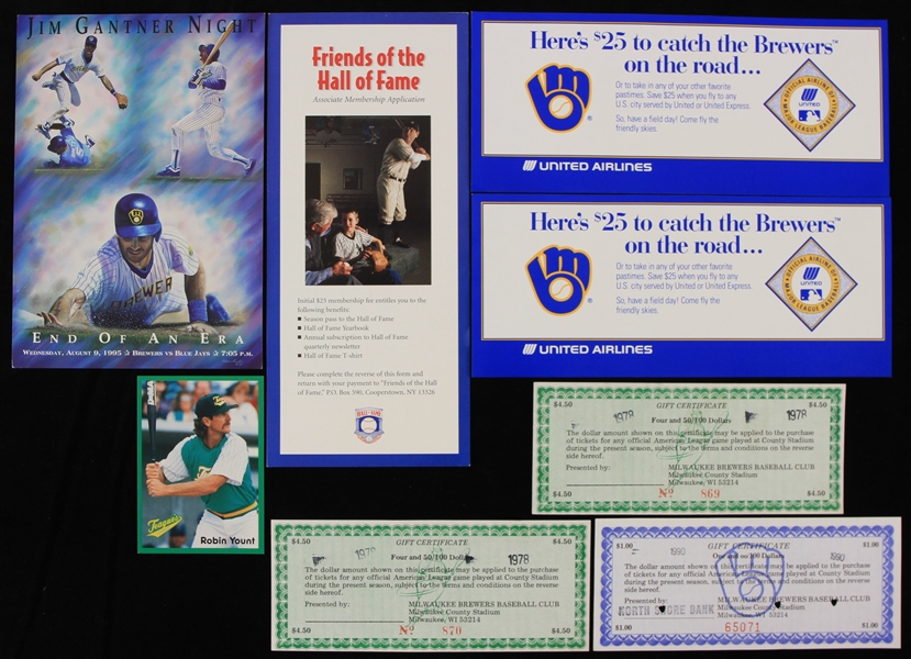 1978-95 Milwaukee Brewers Memorabilia - Lot of 7 w/ Gift Certificates, Jim Gantner Night Card & More