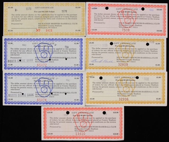 1978-90 Milwaukee Brewers Gift Certificates - Lot of 8