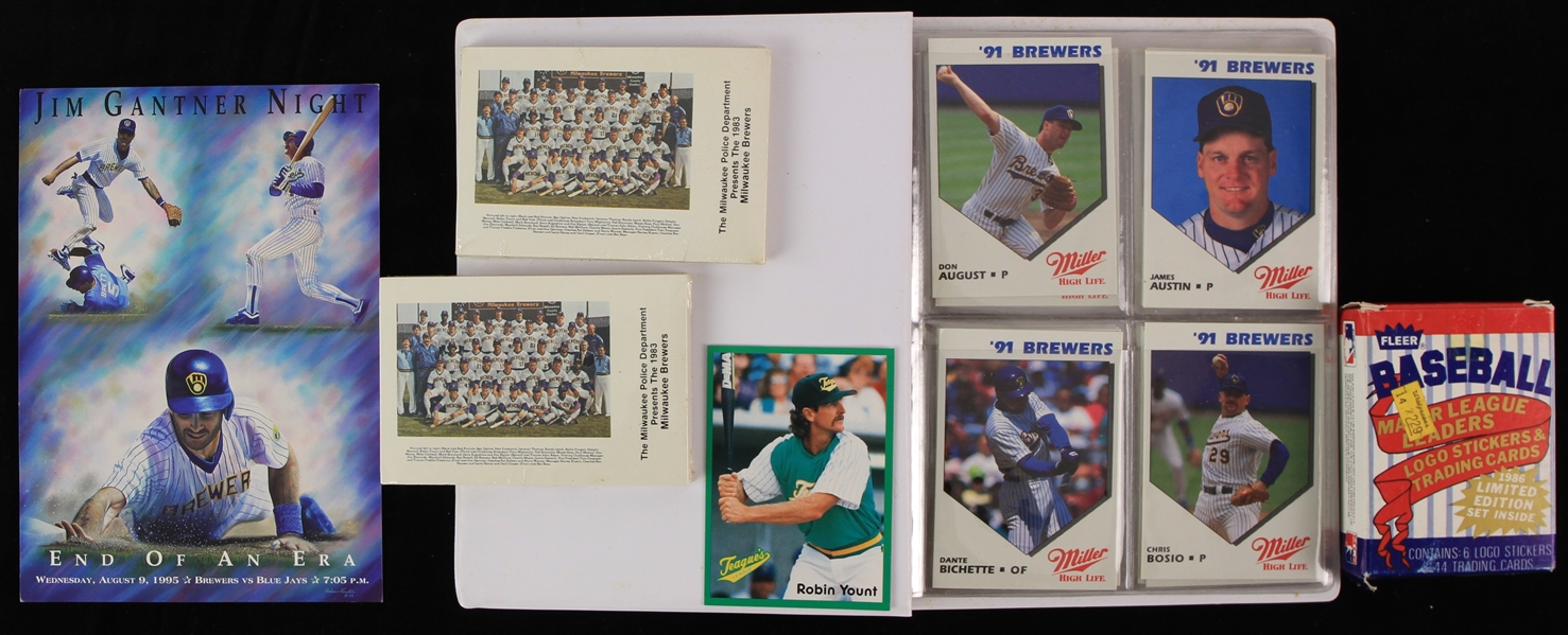 1986-95 Baseball Trading Card Collection - Lot of 6 w/ 1986 Fleer Major League Leaders Complete Set & Milwaukee Brewers Team Sets