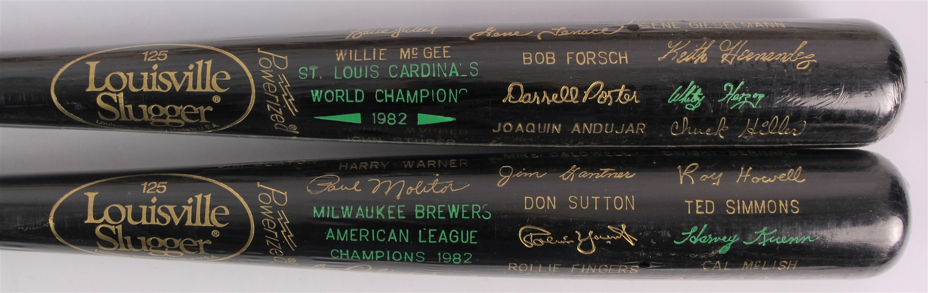 1982 St. Louis Cardinals Milwaukee Brewers World / American League Champions Louisville Slugger Commemorative Black Bats - Lot of 2 (MEARS LOA)
