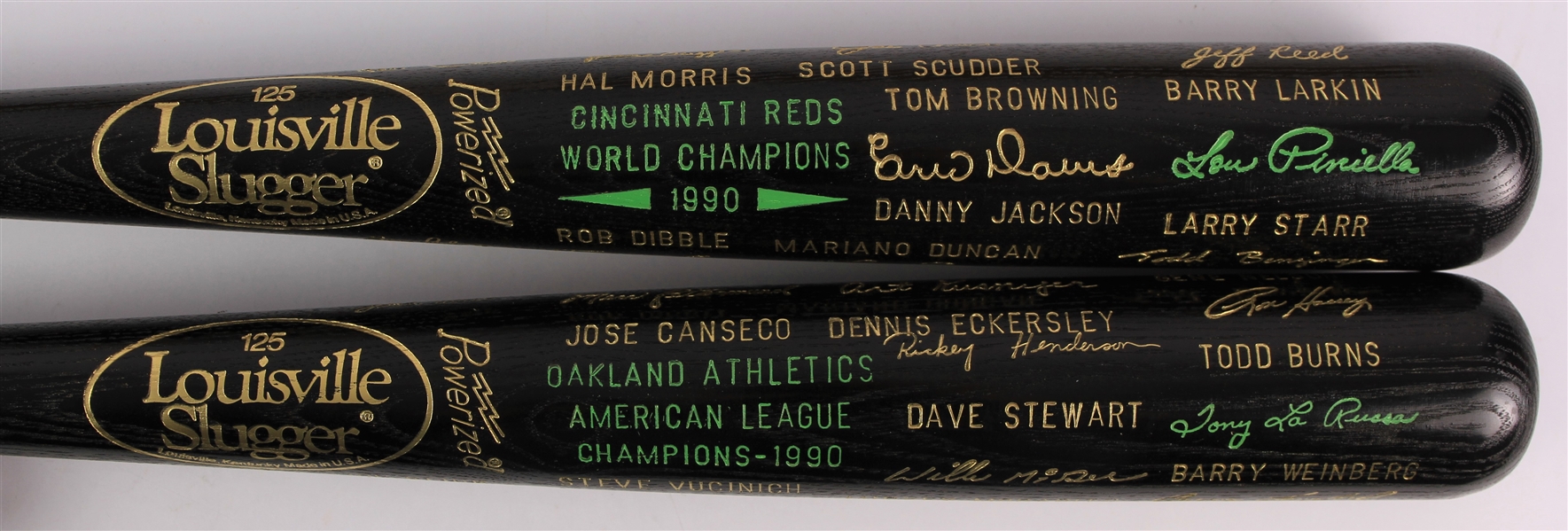 1990 Cincinnati Reds Oakland Athletics World / American League Champions Louisville Slugger Commemorative Black Bats - Lot of 2 (MEARS LOA)