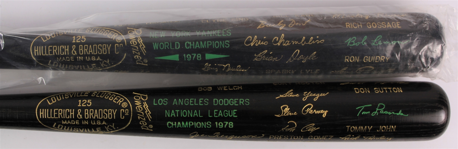 1978 New York Yankees Los Angeles Dodgers World / National League Champions H&B Louisville Slugger Commemorative Black Bats - Lot of 2 (MEARS LOA)