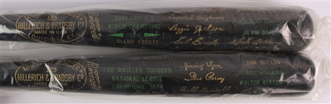 1974 Oakland Athletics Los Angeles Dodgers World / National League Champions H&B Louisville Slugger Commemorative Black Bats - Lot of 2 (MEARS LOA)