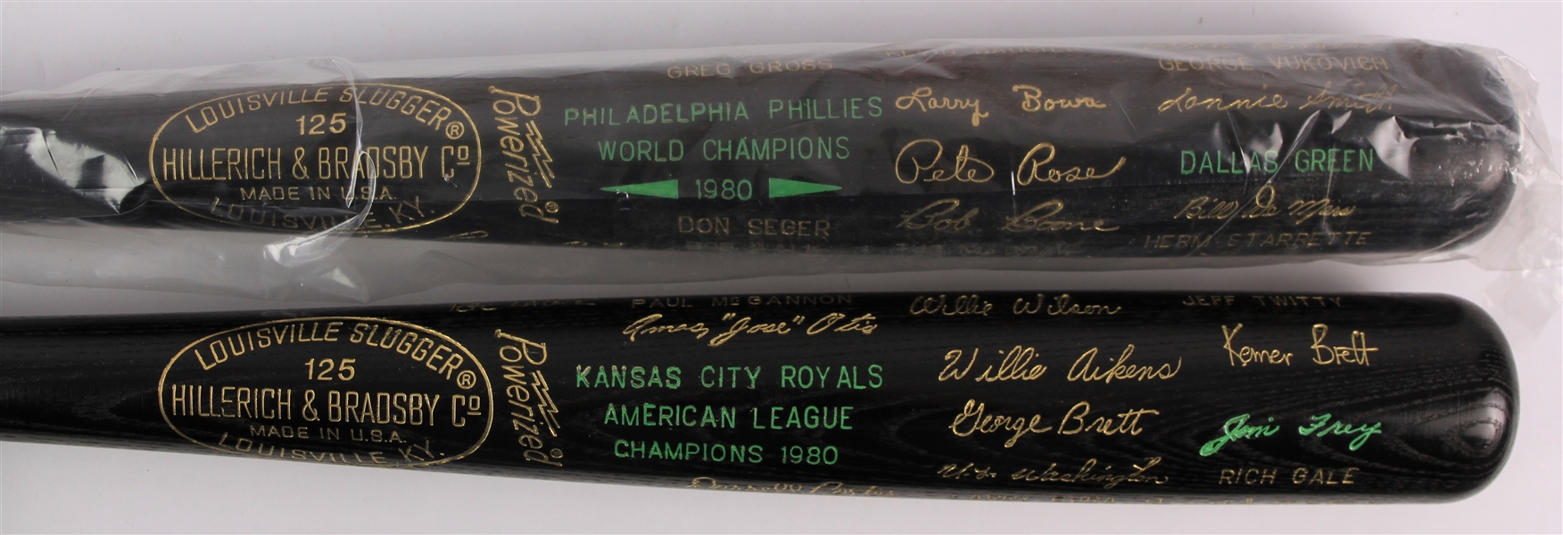 1980 Philadelphia Phillies Kansas City Royals World / American League Champions Louisville Slugger Commemorative Black Bats - Lot of 2 (MEARS LOA)