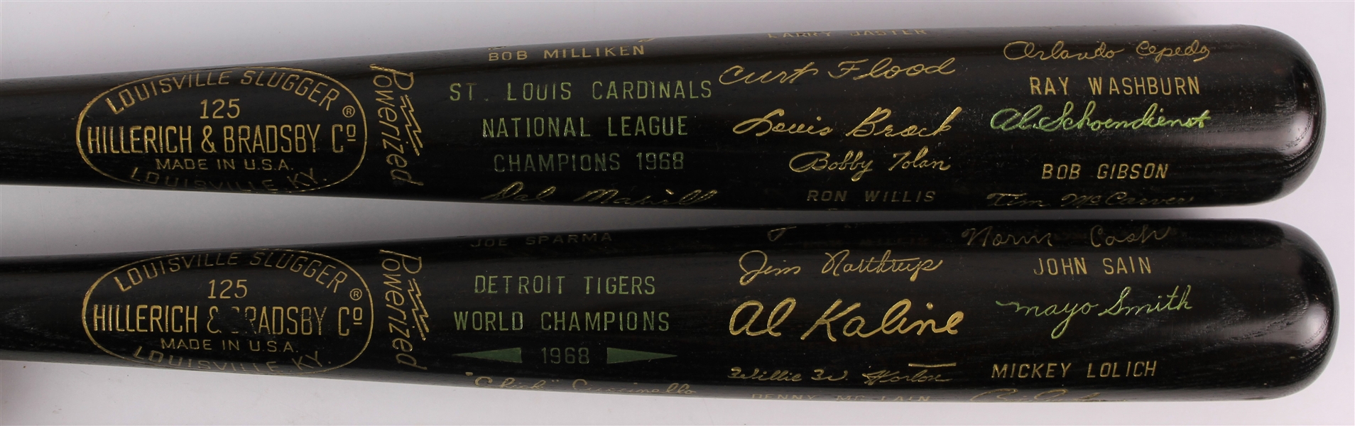 1968 Detroit Tigers St. Louis Cardinals World / National League Champions H&B Louisville Slugger Commemorative Black Bats - Lot of 2 (MEARS LOA)
