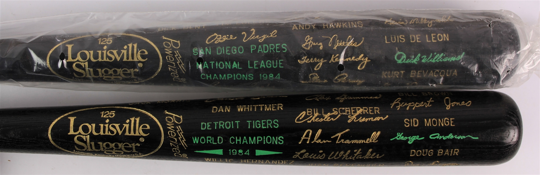 1984 Detroit Tigers San Diego Padres World / National League Champions Louisville Slugger Commemorative Black Bats - Lot of 2 (MEARS LOA)
