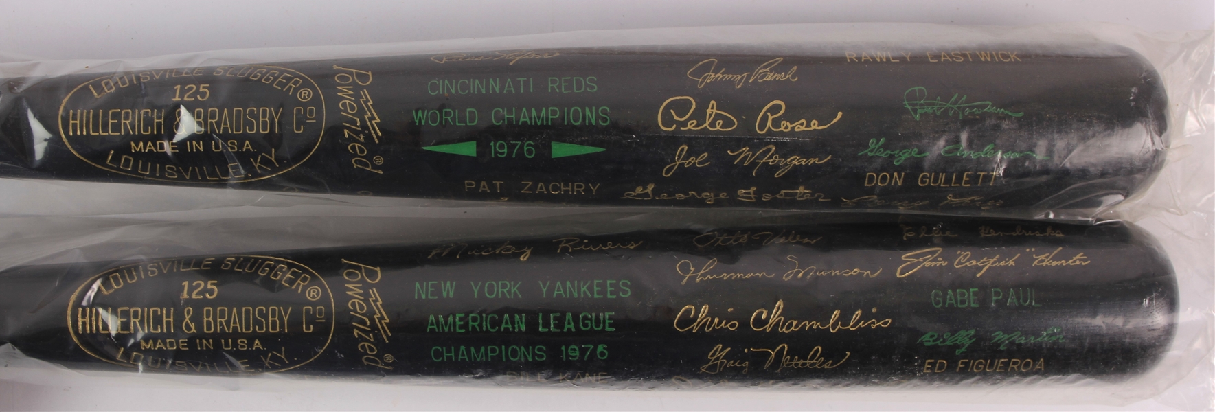 1976 Cincinnati Reds New York Yankees World / American League Champion H&B Louisville Slugger Commemorative Black Bats - Lot of 2 (MEARS LOA)