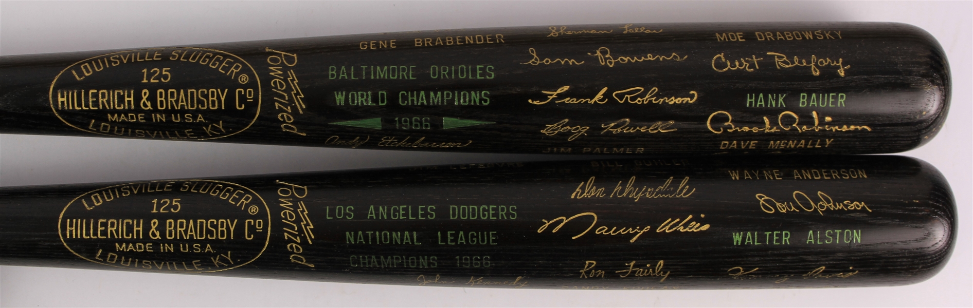 1966 Baltimore Orioles Los Angeles Dodgers World / National League Champion H&B Louisville Slugger Commemorative Black Bats - Lot of 2 (MEARS LOA)