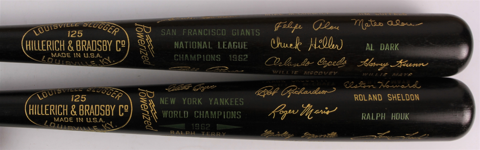 1962 New York Yankees San Francisco Giants World / National League Champion H&B Louisville Slugger Commemorative Black Bats - Lot of 2 (MEARS LOA)