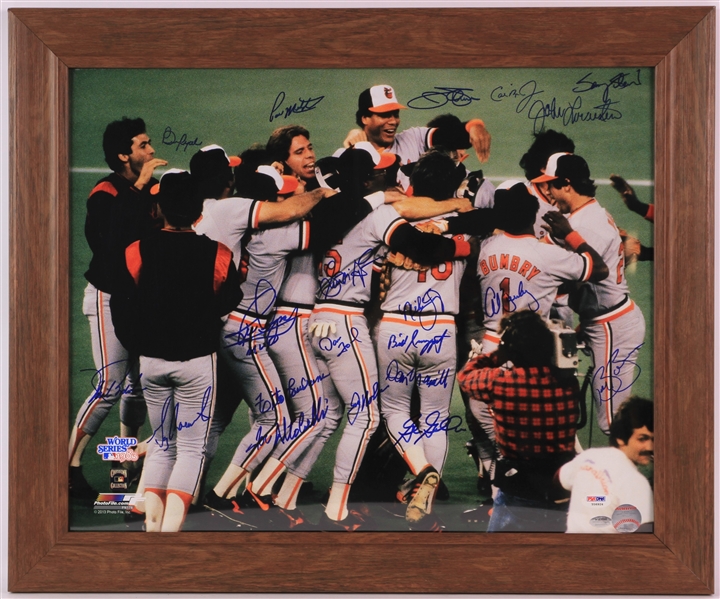 1983 World Series Champion Baltimore Orioles Multi Signed 20" x 24" Framed Photo w/ 19 Signatures Including Cal Ripken Jr., Jim Palmer, Rick Dempsey & More (PSA/DNA)